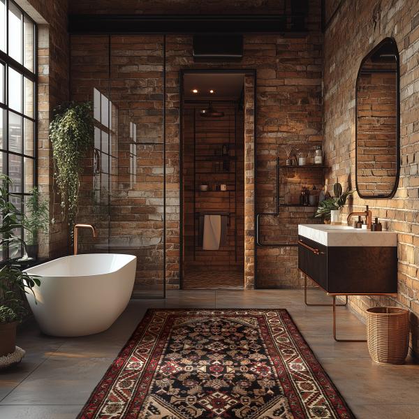 Persian Hamadan rug in the bathroom in rustic loft style